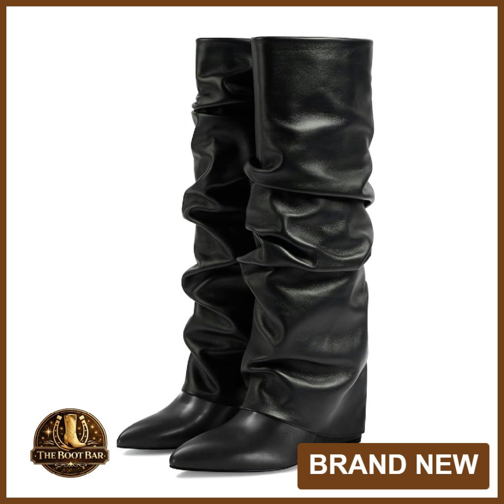 Knee High Fold Over Boots Wedge Heel Pull On Pointed Toe Wide Calf